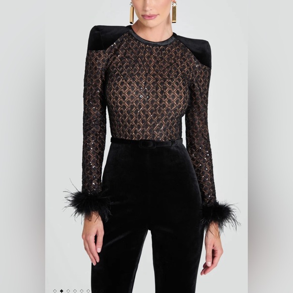 NWOT! NADINE MERABI Monique Black Jumpsuit with Feather Details Sz XS - Picture 3 of 7